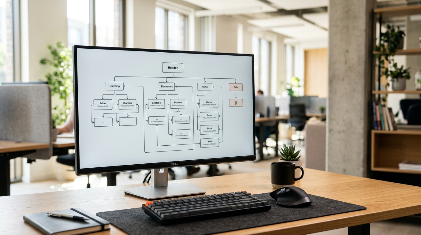 Ecommerce site architecture diagram showing category hierarchy and internal linking structure for SEO